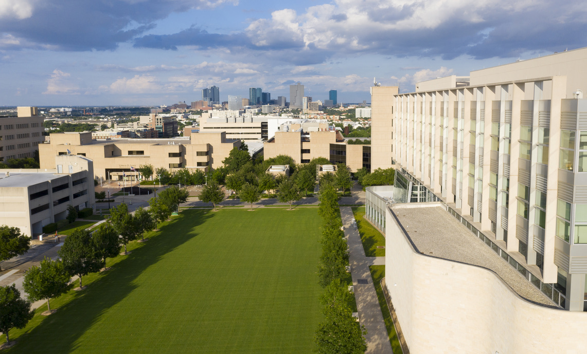 Buildings and green space on the UNT Health campus