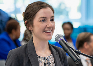 Caroline McCauley, a fourth-year PhD student in the College of Biomedical and Translational Sciences presents to the UNT Board of Regents