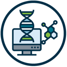 A circular blue icon showing a computer monitor with a stylized DNA double helix displayed on the screen. Next to the monitor is a connected molecular structure graphic made of linked hexagons. The icon uses shades of blue and green on a dark background and represents bioinformatics, data science, or computational biology.