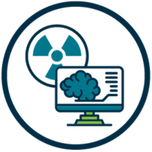 A circular blue icon illustrating pre-clinical imaging. Inside the circle, a radiation symbol appears behind a computer monitor displaying a stylized brain scan. The design uses shades of blue and green on a dark background and represents imaging technologies such as MRI, PET, or other diagnostic research tools used in laboratory and pre-clinical studies.