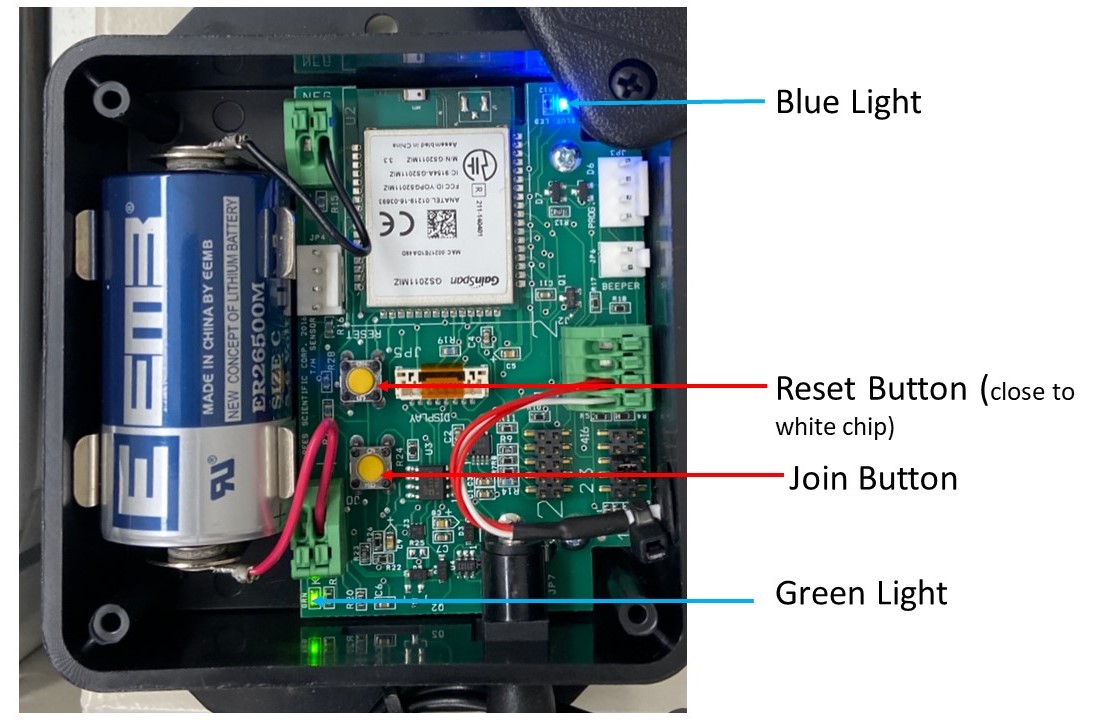 Photo of monitor with blue light, reset button, join button and green light