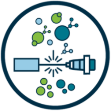 A circular blue icon depicting a flow cytometry concept. On the left, a rectangular sample source emits particles toward a laser beam in the center. On the right, a detector collects the signals. Colored circular dots and small molecular shapes in blue and green surround the beam, representing cells or particles being analyzed. The design uses flat graphics on a dark background and represents flow cytometry or cellular analysis in laboratory research.