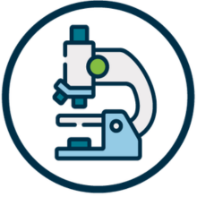 A circular blue icon featuring a stylized laboratory microscope centered inside a thin blue ring. The microscope is illustrated in shades of blue, gray, and green on a dark background. The design represents microscopy, laboratory research, or scientific imaging.