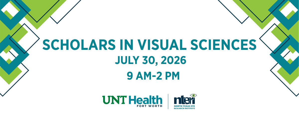 This is the header image featuring the Scholars in Visual Sciences event on July 30 from 9-2. The image also features green and teal geometric borders.