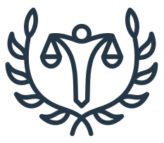 A simple icon showing the scales of justice, encircled by a laurel wreath in the center.