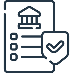 An icon showing a document with a courthouse emblem at the top. Below this, there are three lines accompanied by check boxes aligned to the left side. A badge featuring a check mark is prominently displayed over the document.