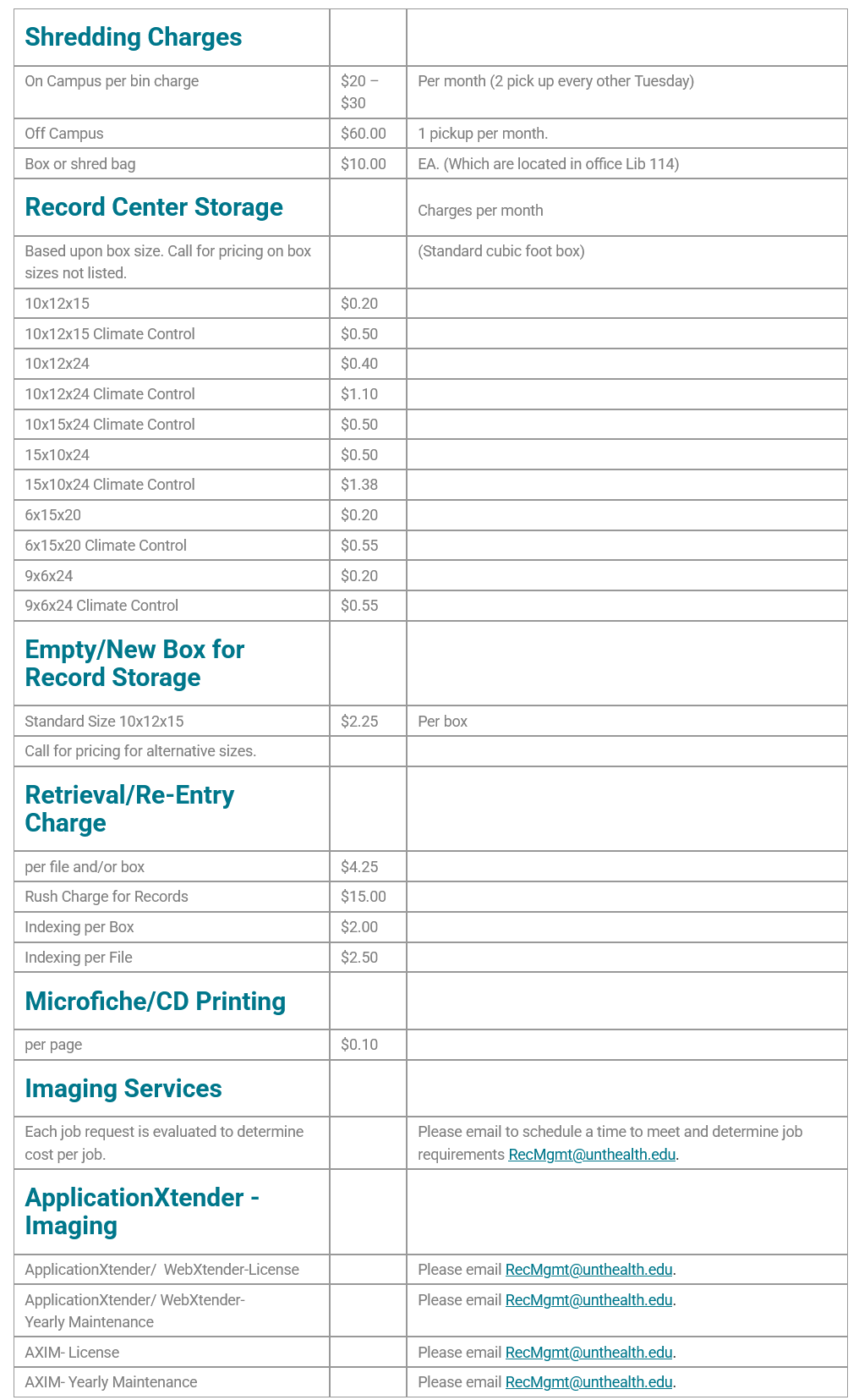 Table listing various service charges including shredding, storage, retrieval, and printing. Includes conditions like climate control and specific sizes.