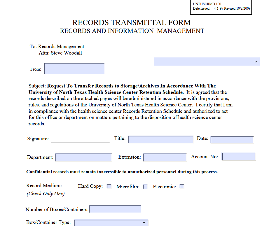 A records transmittal form detailing the transfer of documents to storage or archives per UNT Health Science Center guidelines.