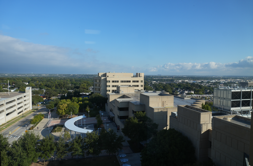 Aerial view of UNT Health campus with the Res, Library, and Health Pavilion buildings as the focus. 
