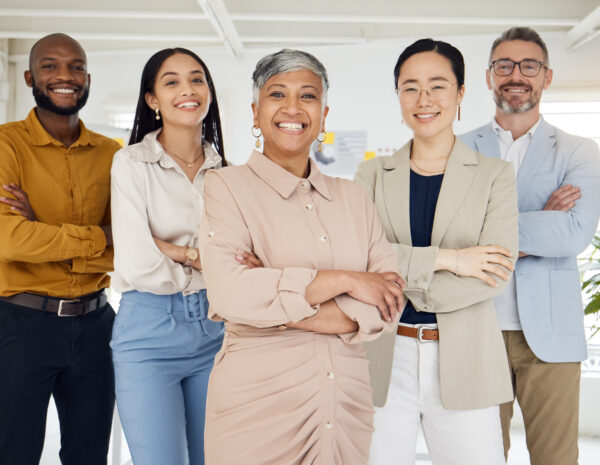 Portrait, Management And Arms Crossed With A Business Team In The Office For Collaboration. Teamwork, Diversity And Leadership With A Happy Employee Group Together In Their Professional Workplace